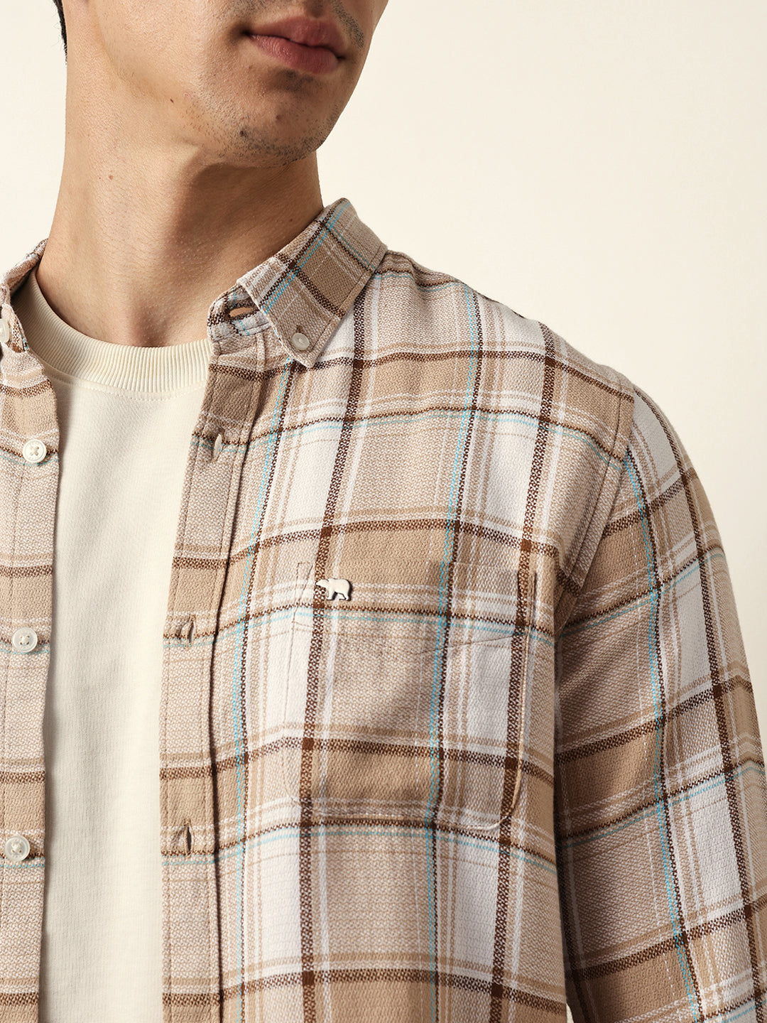 Beige Textured Woven Check Slim Fit Casual Shirt
