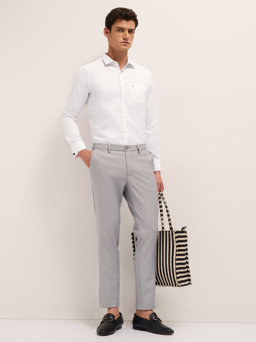 White Woven Textured Tailored Fit Formal Shirt with French Cuffs