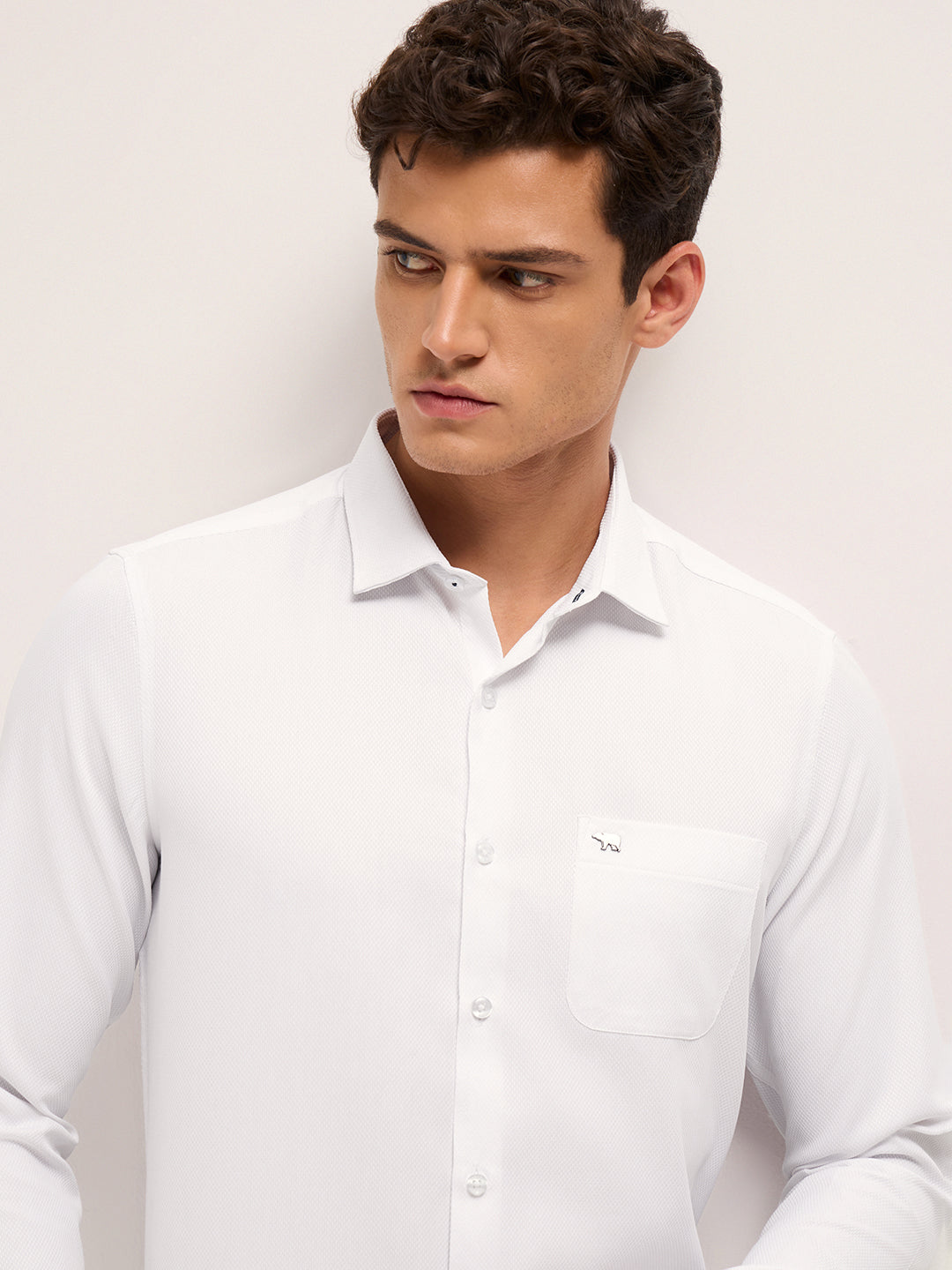 White Woven Textured Tailored Fit Formal Shirt with French Cuffs