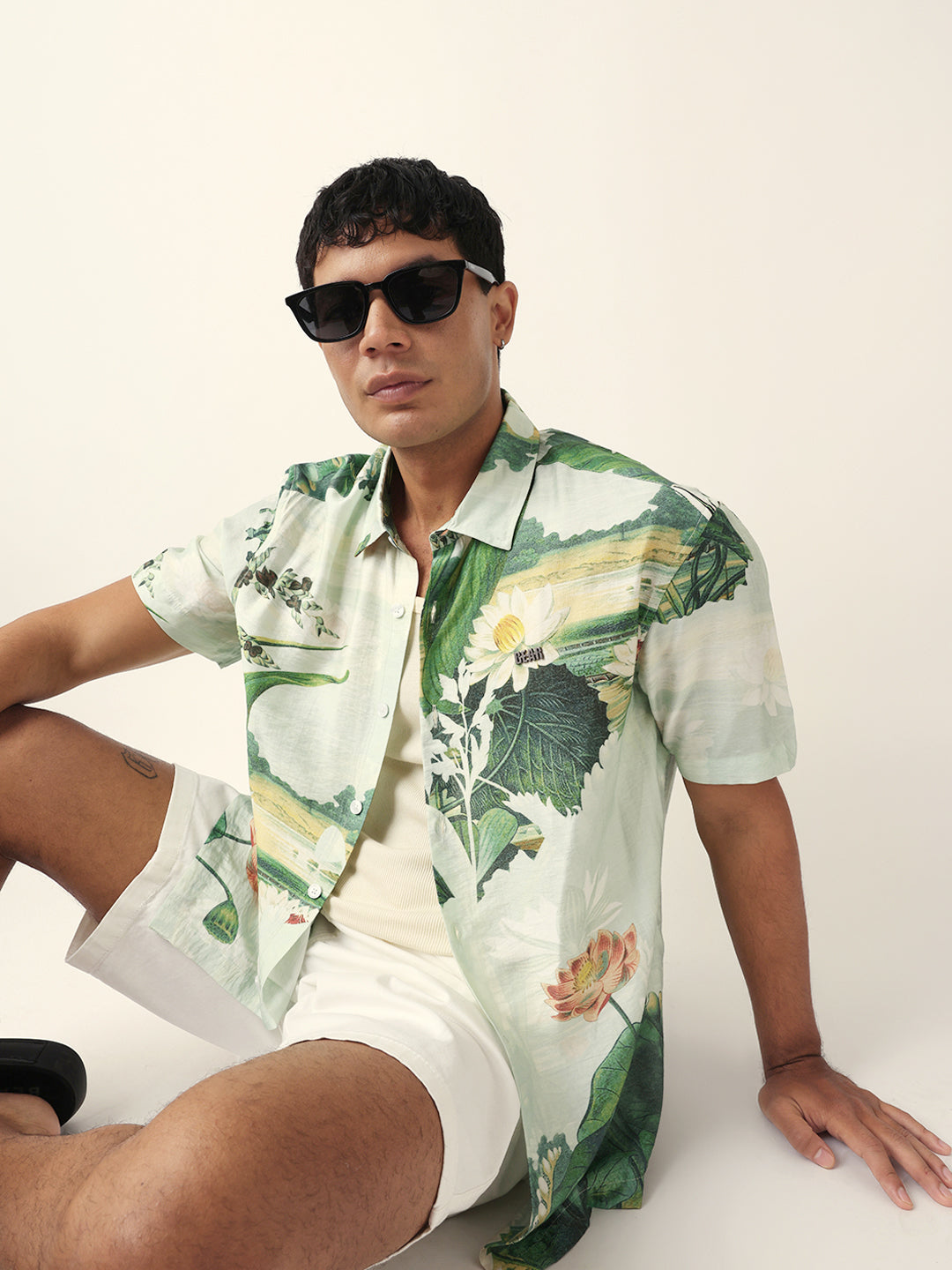 Mint Green Tropical Lotus Garden Printed Relaxed Fit Short Sleeve Shirt