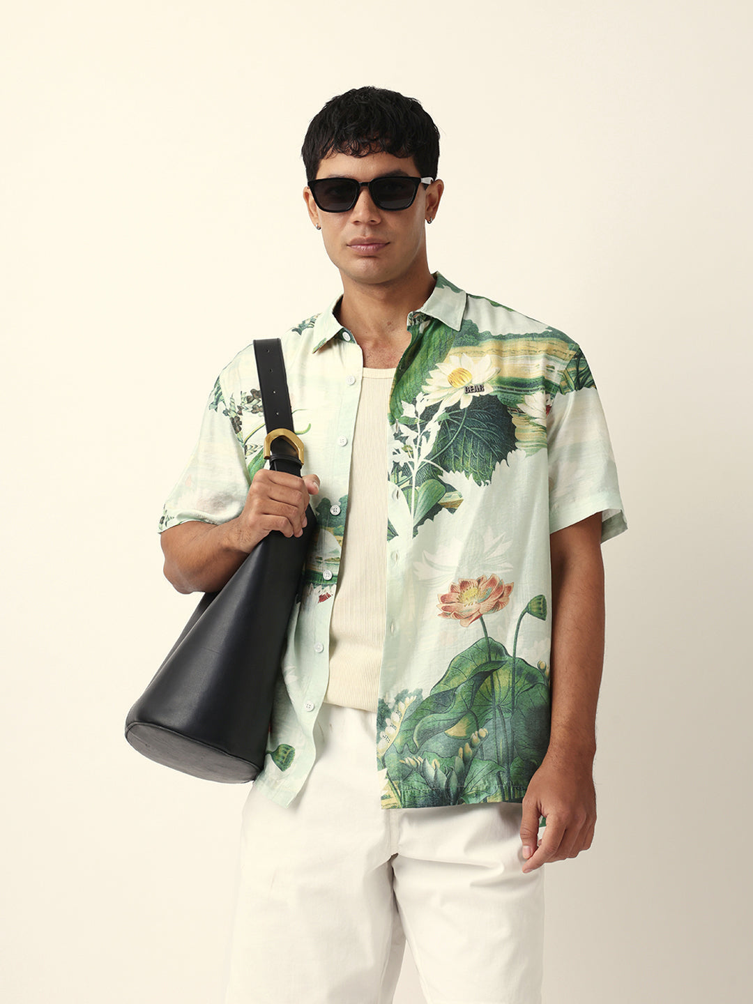 Mint Green Tropical Lotus Garden Printed Relaxed Fit Short Sleeve Shirt
