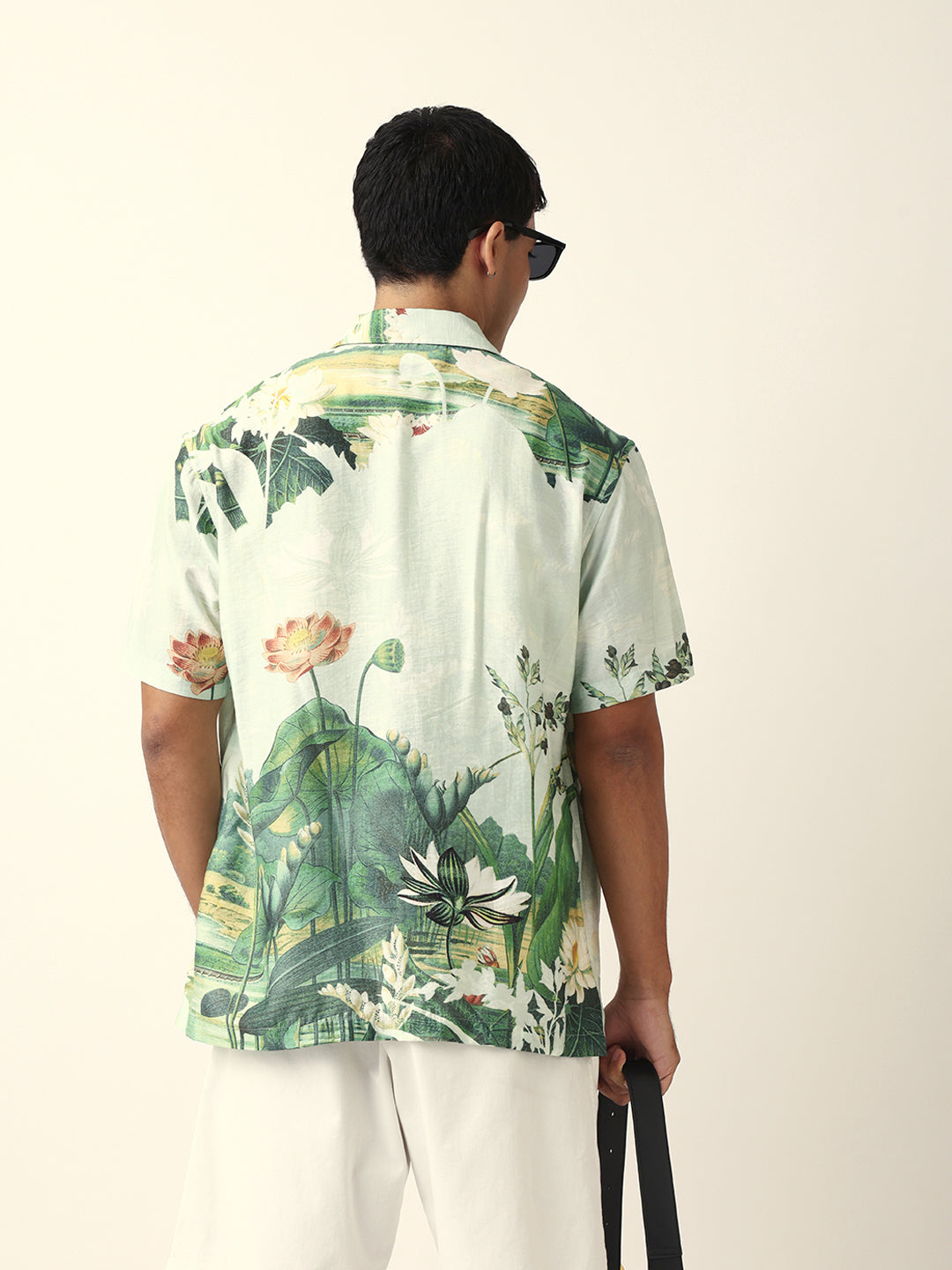 Mint Green Tropical Lotus Garden Printed Relaxed Fit Short Sleeve Shirt