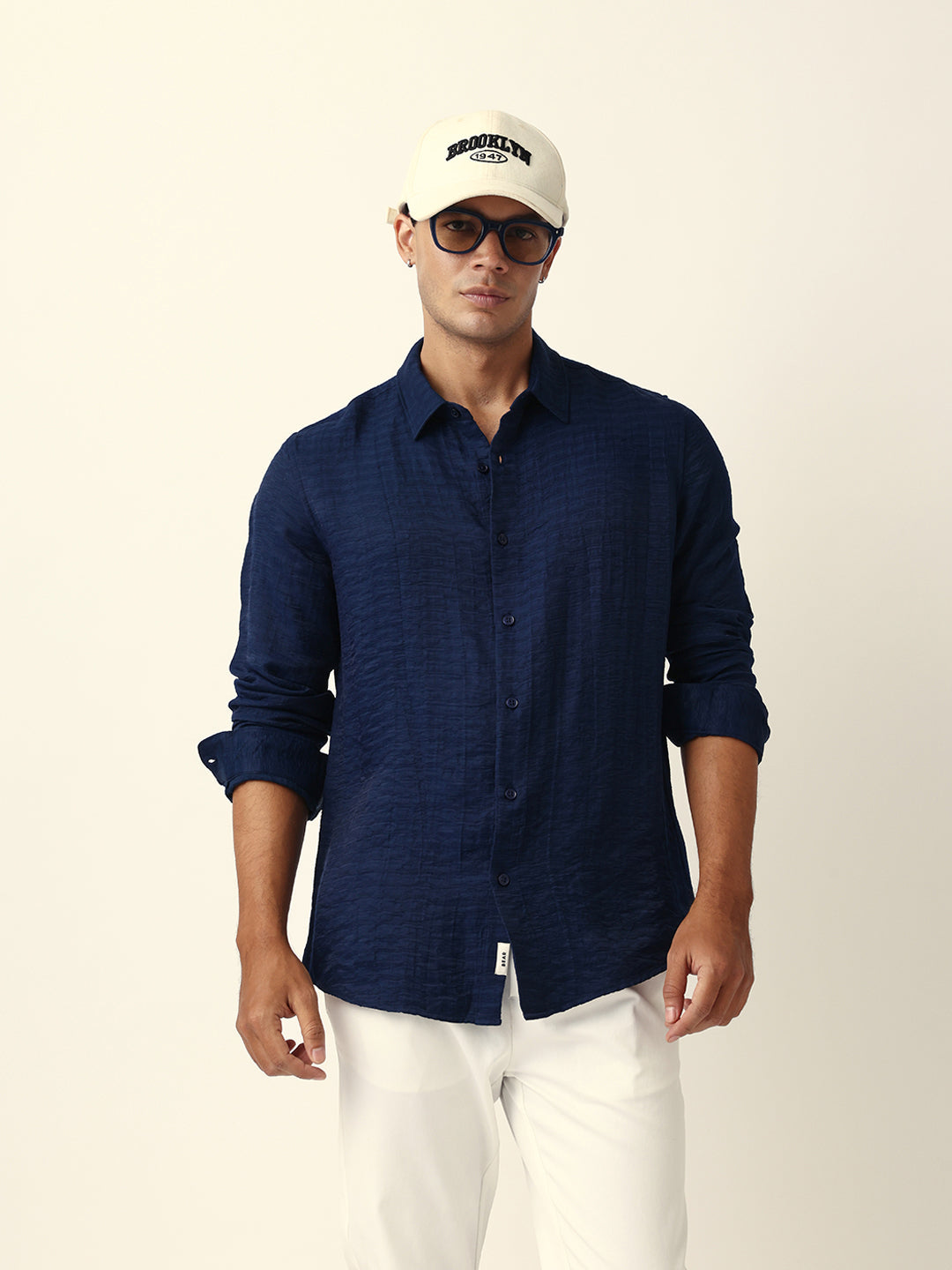 Blue Crinkle Textured Slim Fit Casual Shirt