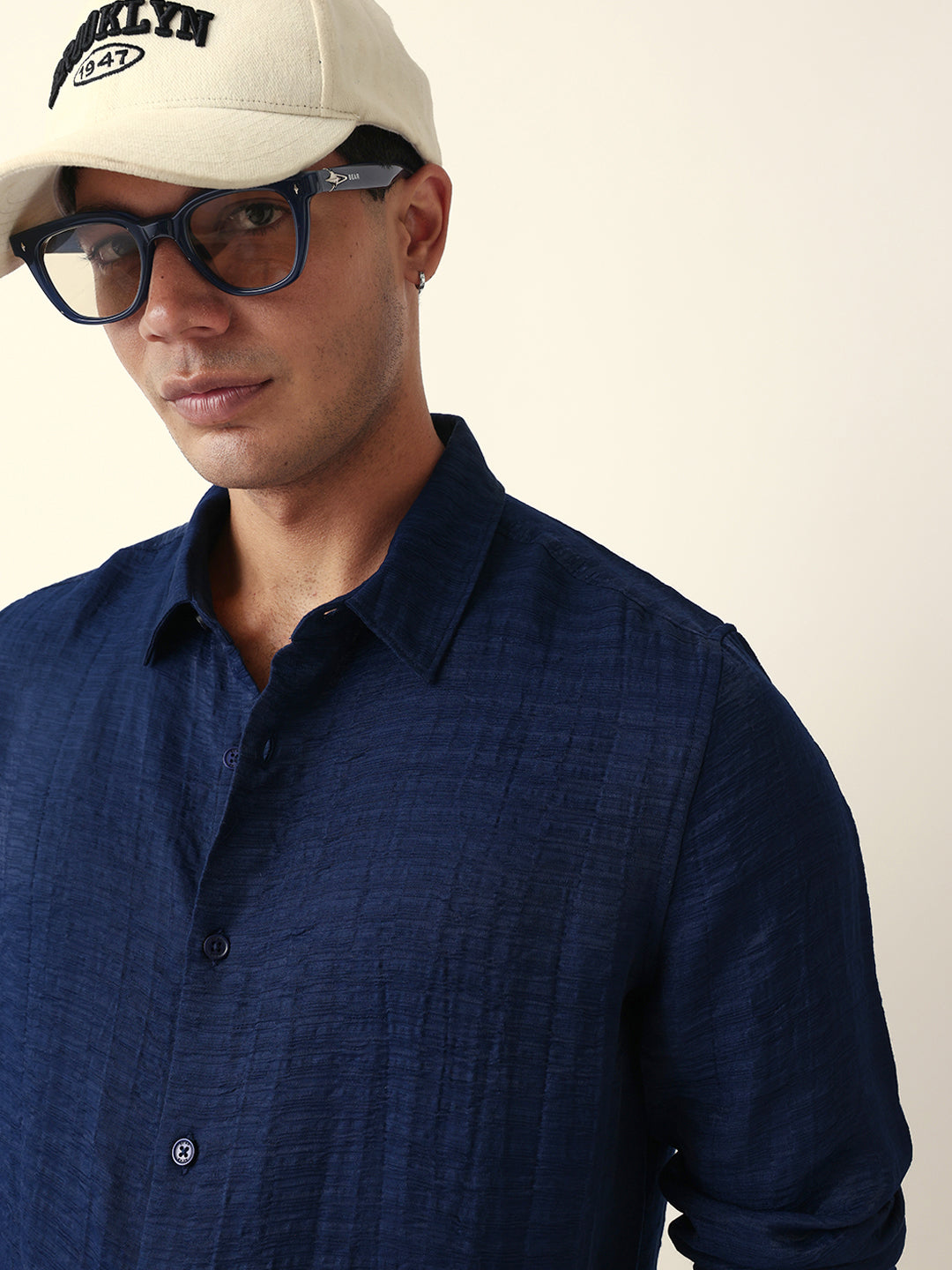 Blue Crinkle Textured Slim Fit Casual Shirt