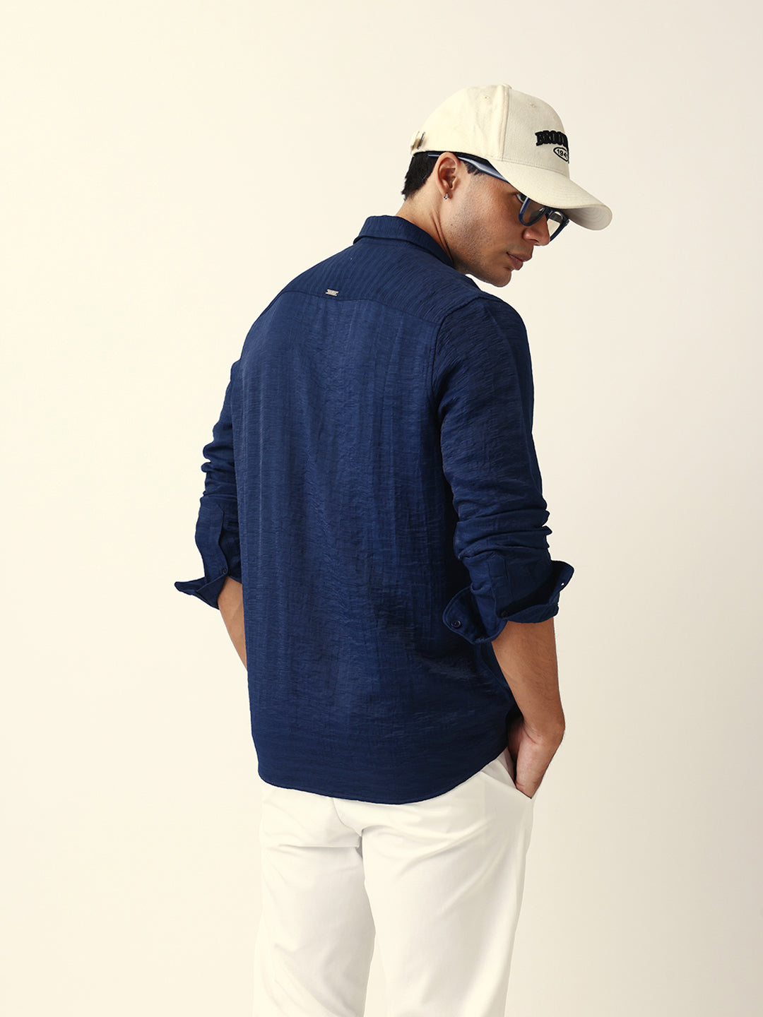 Blue Crinkle Textured Slim Fit Casual Shirt