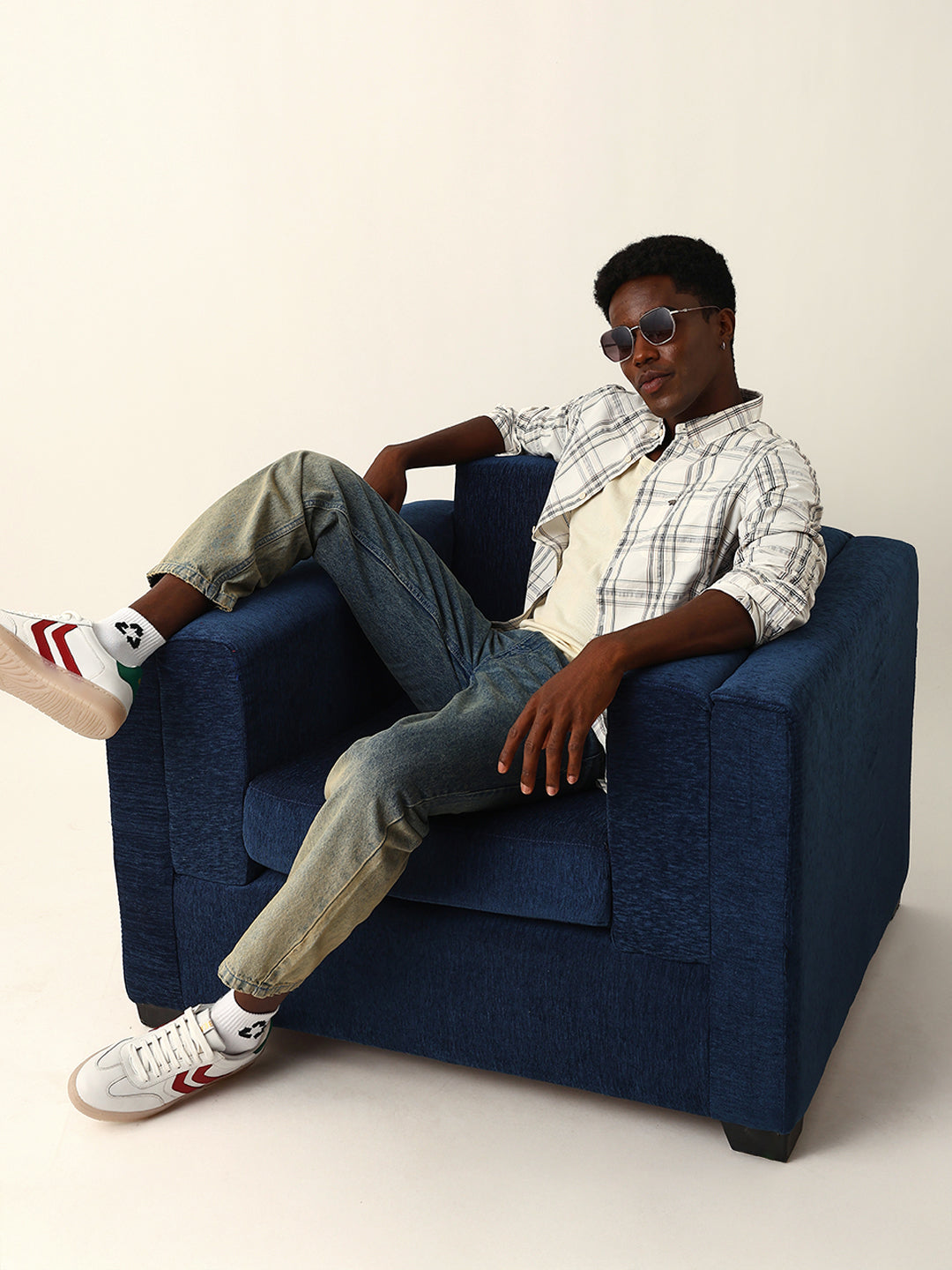 Cream Woven Tartan Checked Slim Fit Casual Shirt