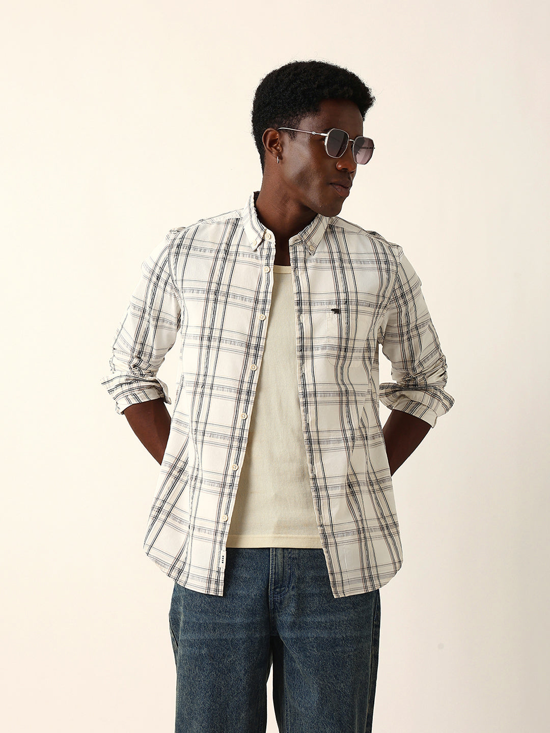Cream Woven Tartan Checked Slim Fit Casual Shirt