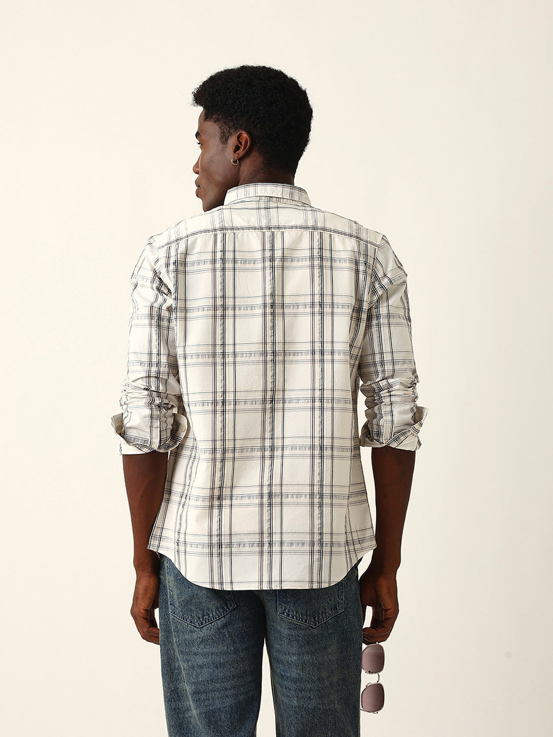 Cream Woven Tartan Checked Slim Fit Casual Shirt
