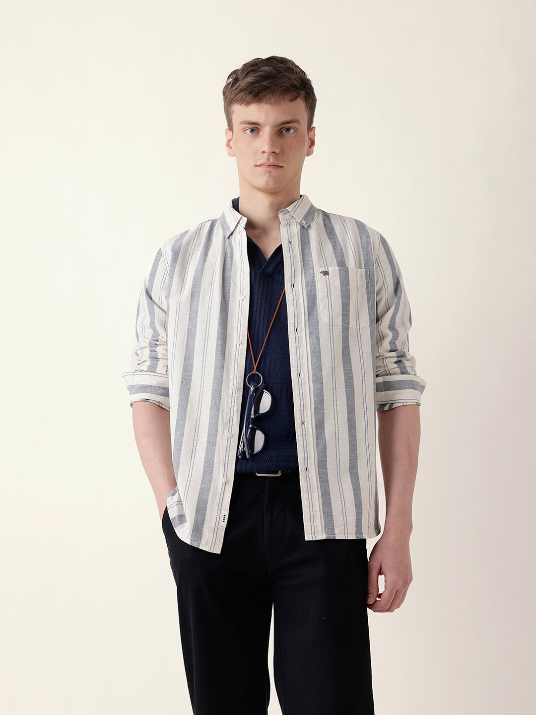 Blue with White Woven Vertical Stripes Slim Fit Casual Shirt