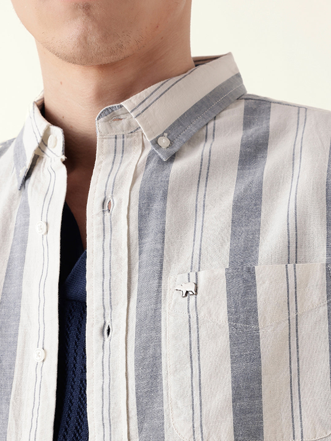 Blue with White Woven Vertical Stripes Slim Fit Casual Shirt