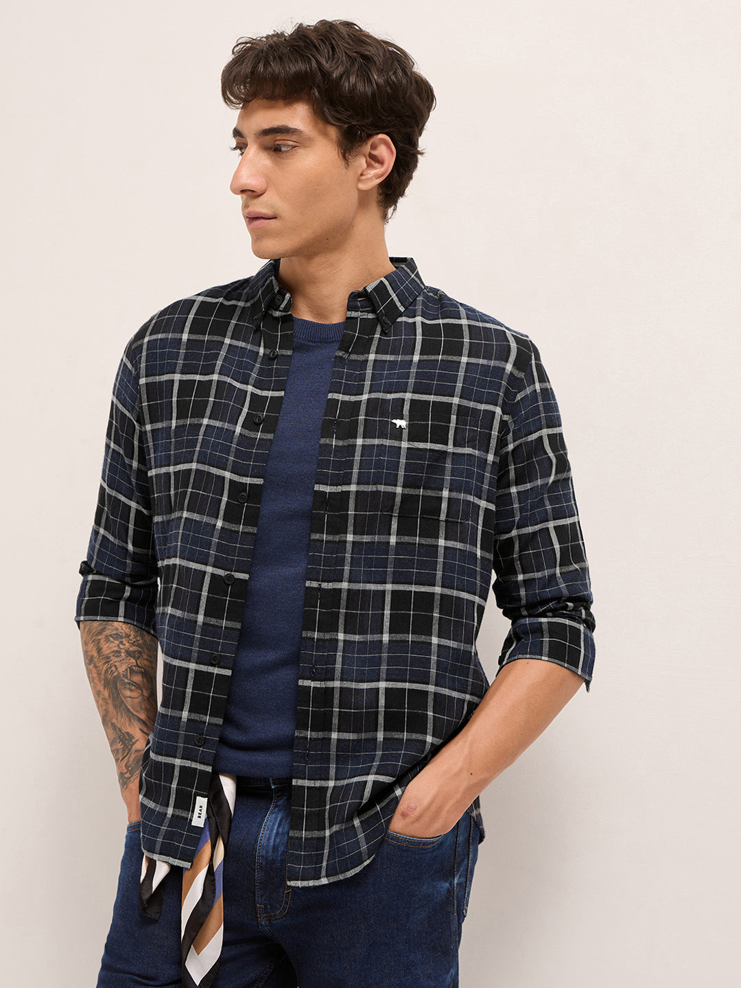 Blue & Black Woven Check Slim Fit Casual Shirt