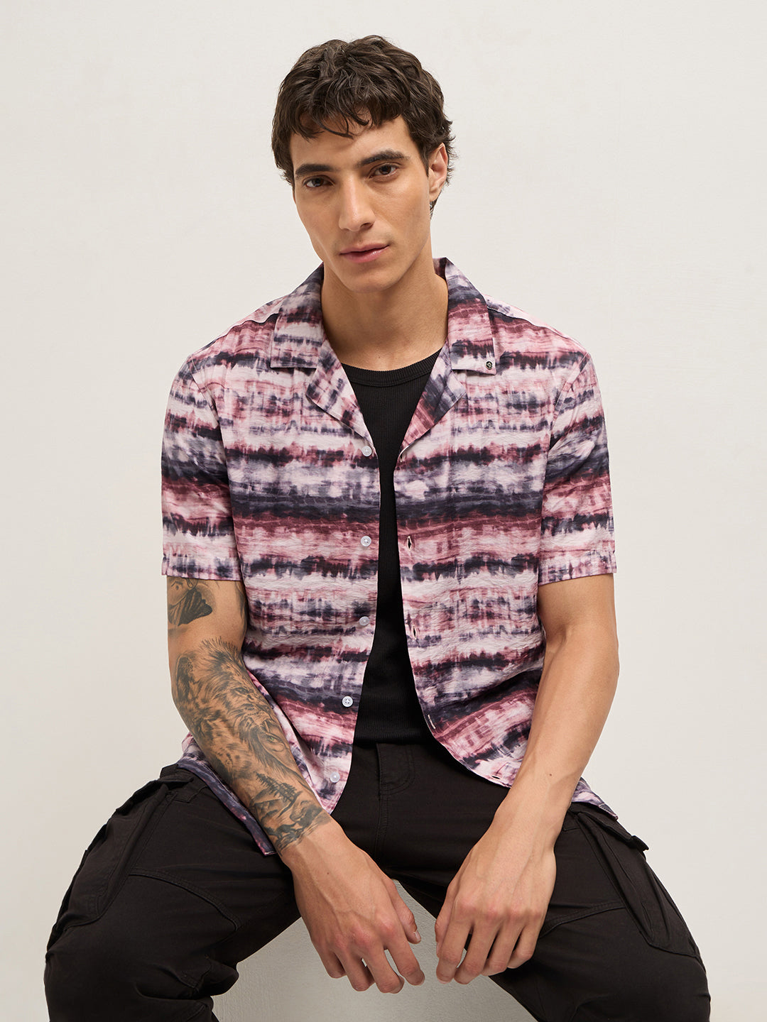 Multicolor Abstract Tie-Dye Print Relaxed Fit Cuban Collar Casual Shirt