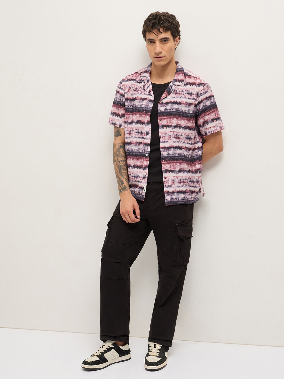Multicolor Abstract Tie-Dye Print Relaxed Fit Cuban Collar Casual Shirt