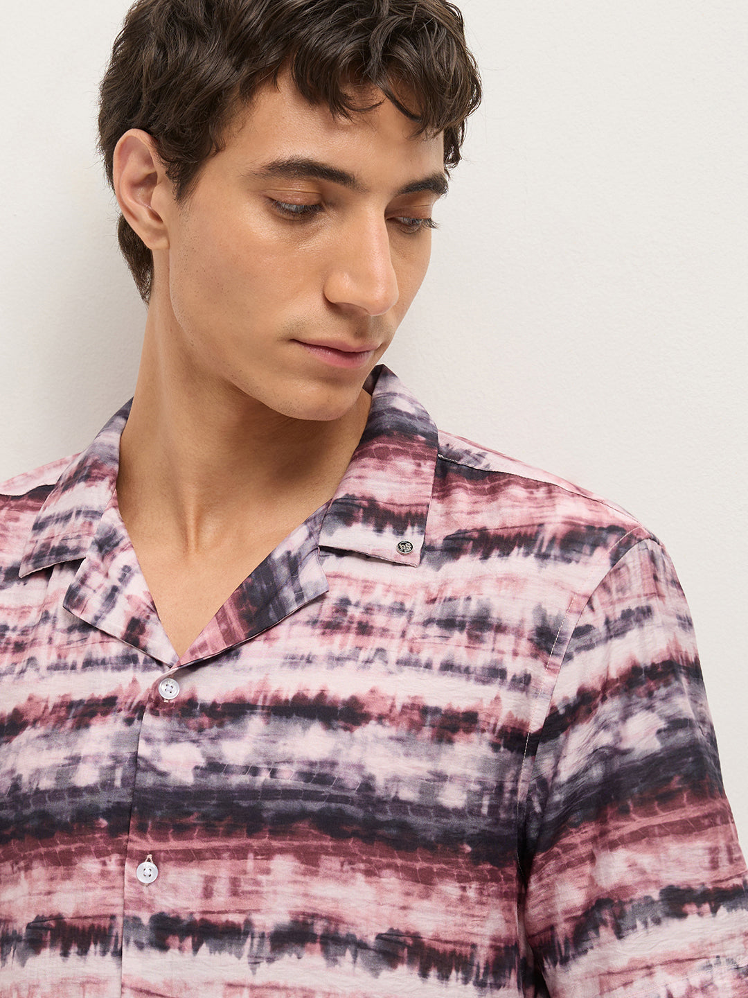 Multicolor Abstract Tie-Dye Print Relaxed Fit Cuban Collar Casual Shirt