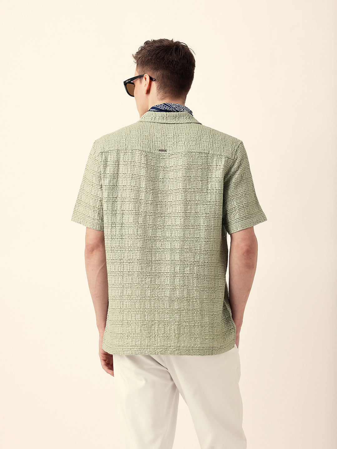 Light Green Textured Geometric Relaxed Fit Casual Half Sleeve Shirt