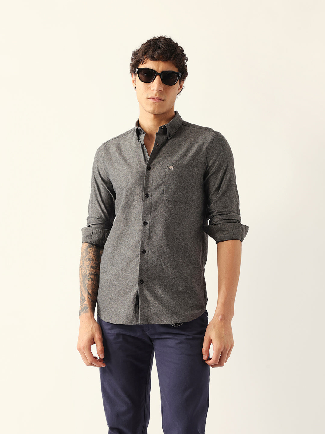 Grey Slim Fit Solid Cotton Blend Casual Shirt