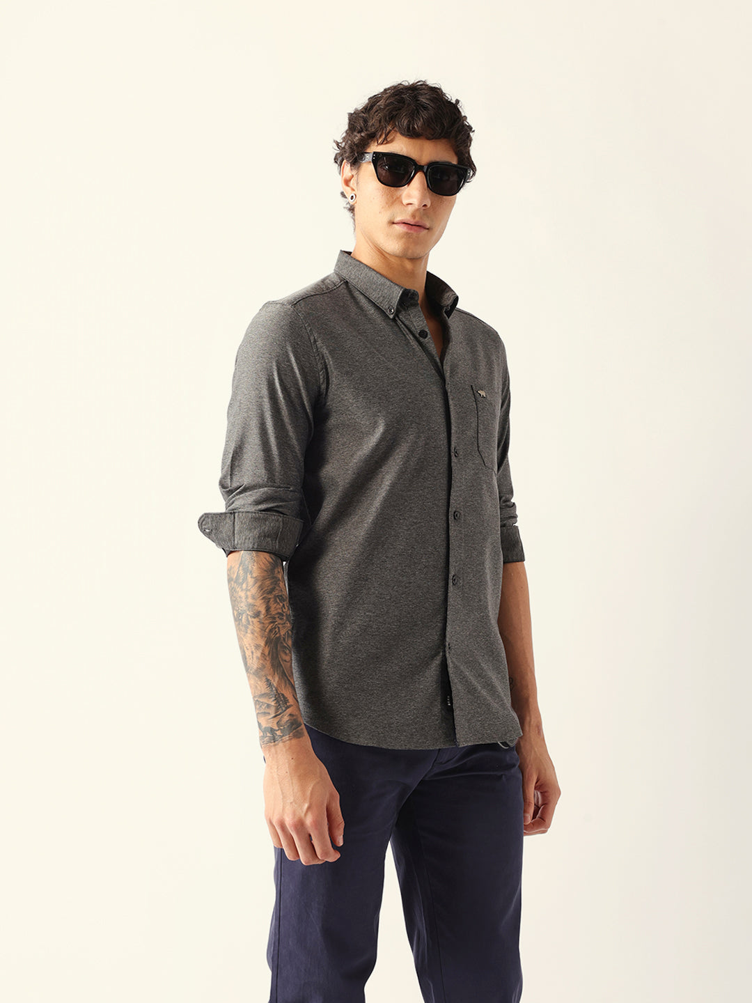 Grey Slim Fit Solid Cotton Blend Casual Shirt