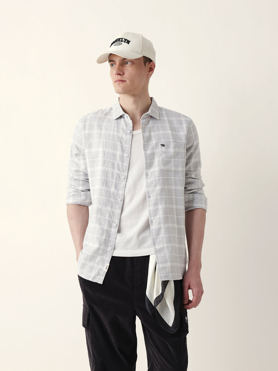 Grey Herringbone Checked Slim Fit Casual Shirt