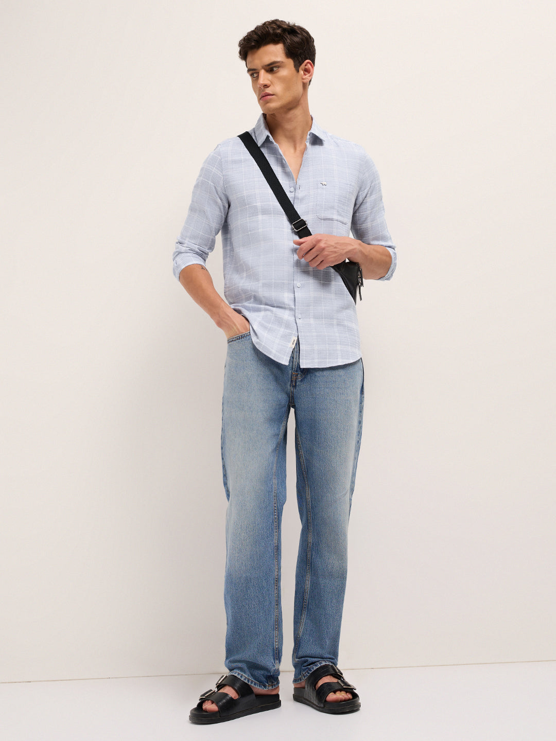 Blue Herringbone Check Slim Fit Casual Shirt