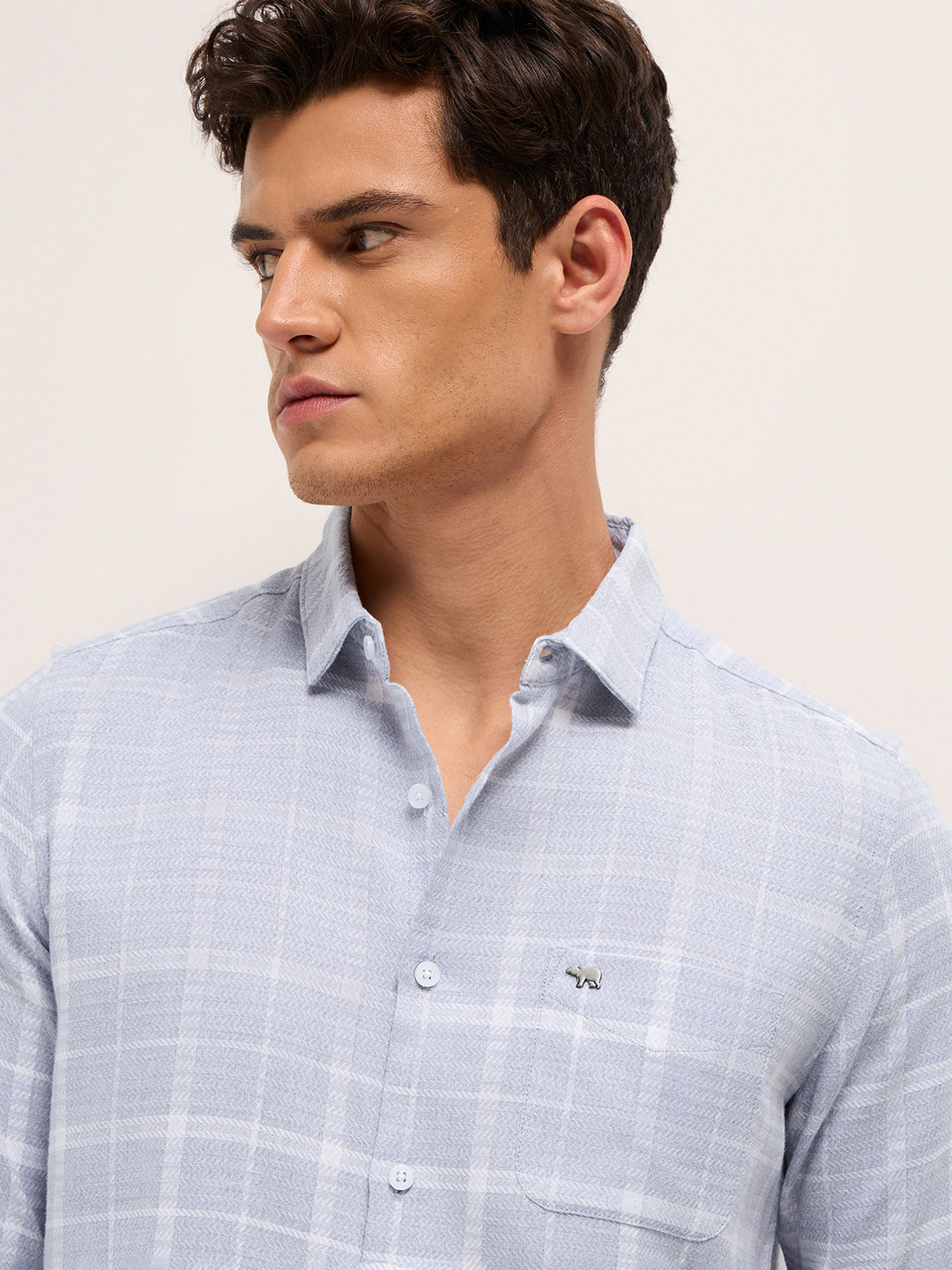 Blue Herringbone Check Slim Fit Casual Shirt