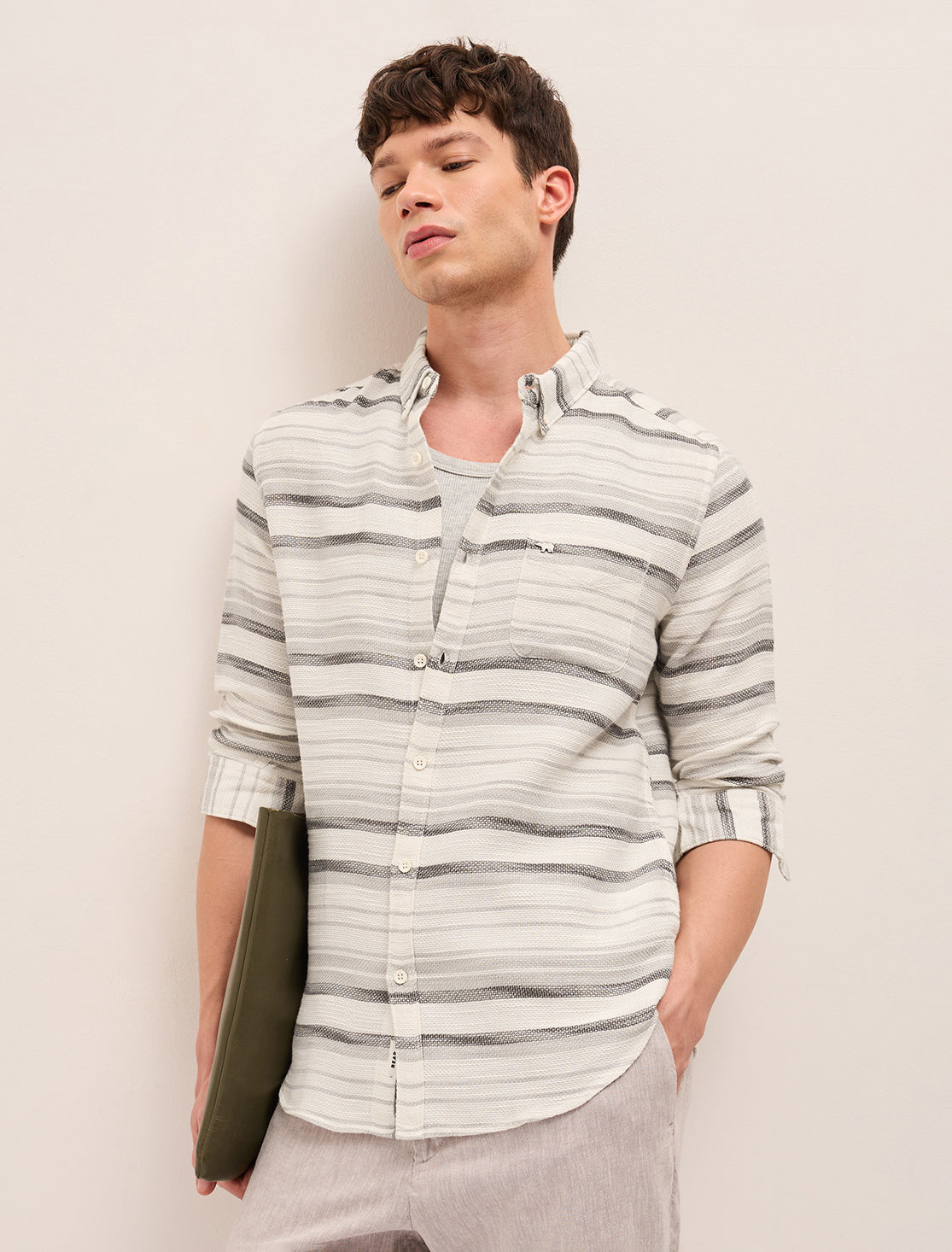 Grey Slim Fit Casual Shirt with Woven Horizontal Textured Stripes