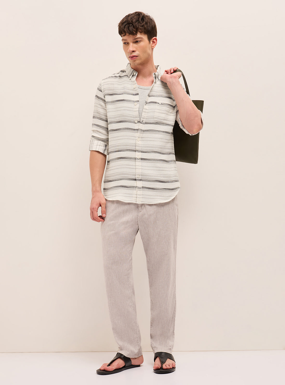 Grey Slim Fit Casual Shirt with Woven Horizontal Textured Stripes