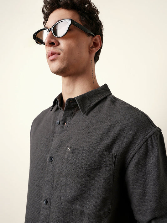 Grey Textured Crepe Relaxed Fit Overshirt
