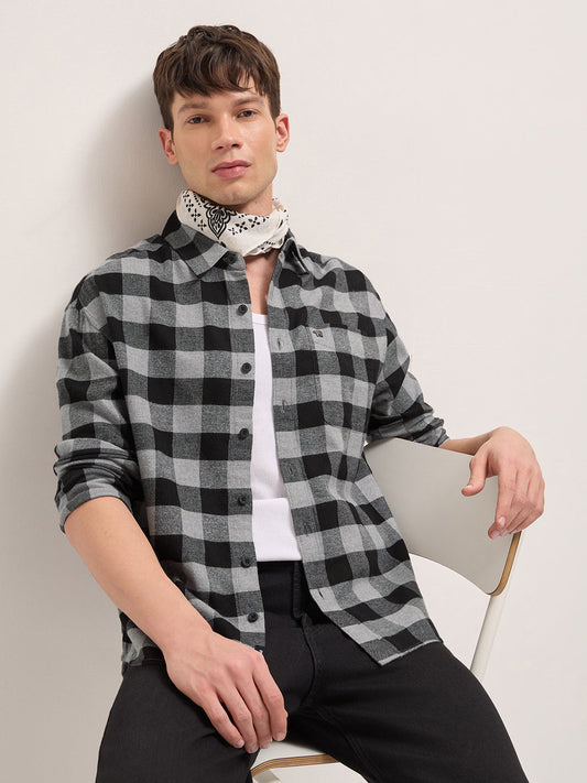 Black & Grey Woven Block Checks Flannel Relaxed Fit Casual Shirt