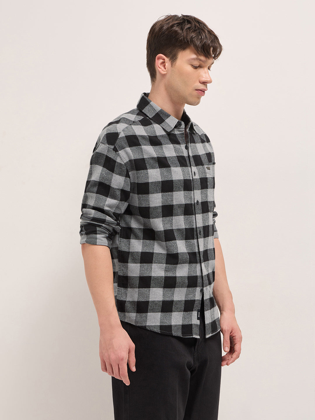 Black & Grey Woven Block Checks Flannel Relaxed Fit Casual Shirt