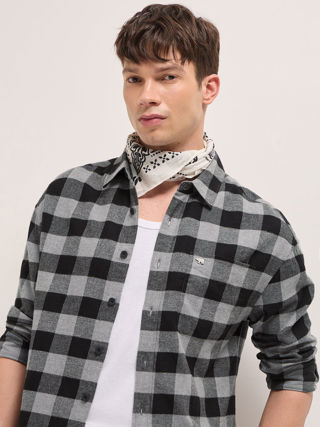 Black & Grey Woven Block Checks Flannel Relaxed Fit Casual Shirt
