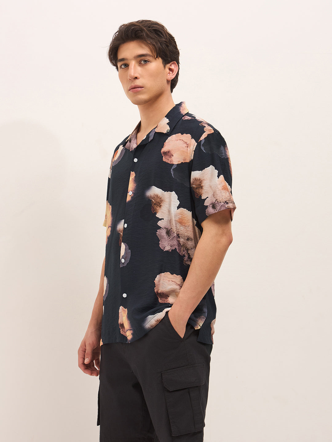 Black Abstract Floral Print Relaxed Fit Cuban Collar Casual Shirt
