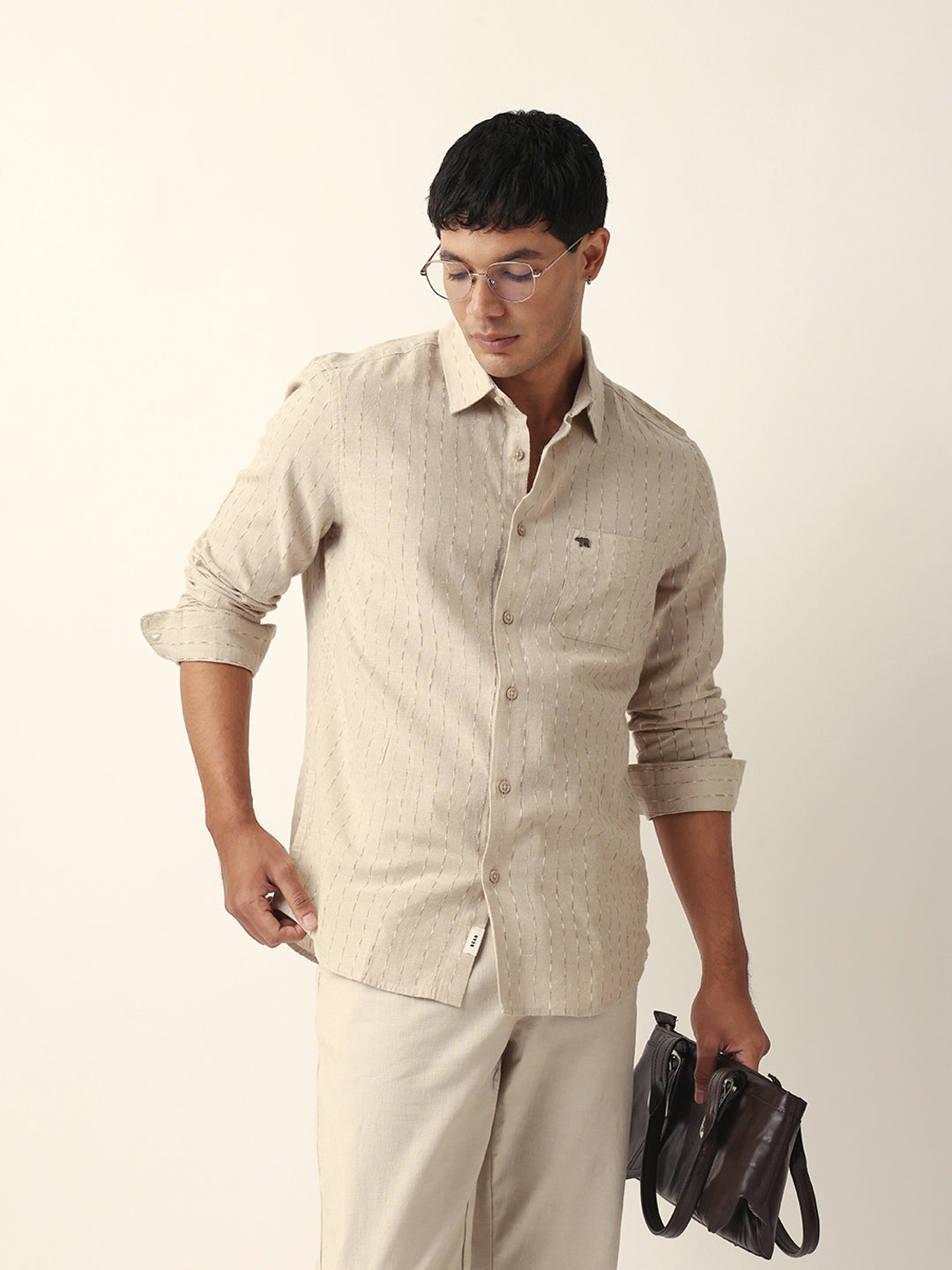 Beige Vertical Striped Slim Fit Casual Shirt with Textured Stitch Detailing