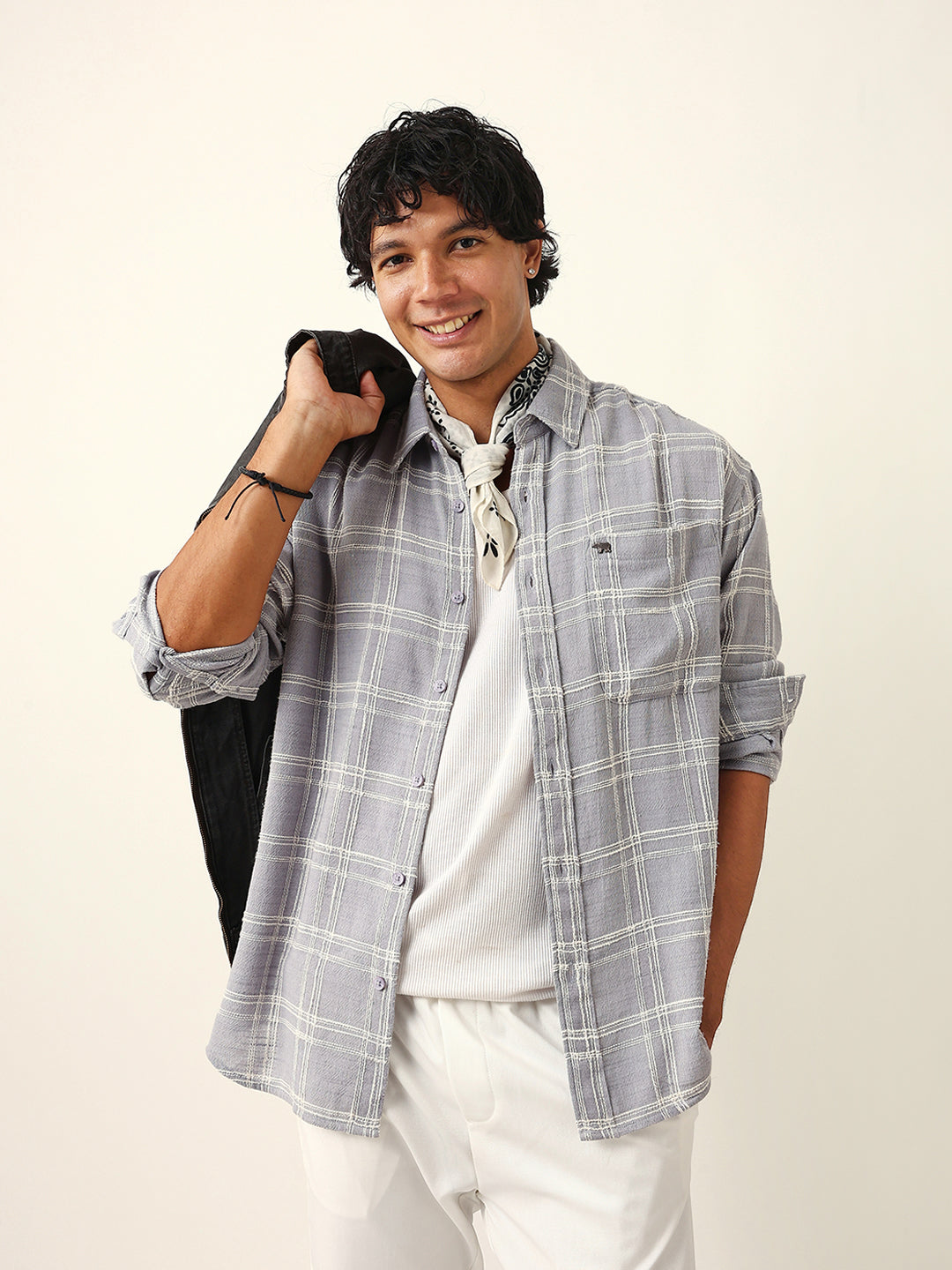 Light Blue Woven Textured Checked Relax Fit Overshirt