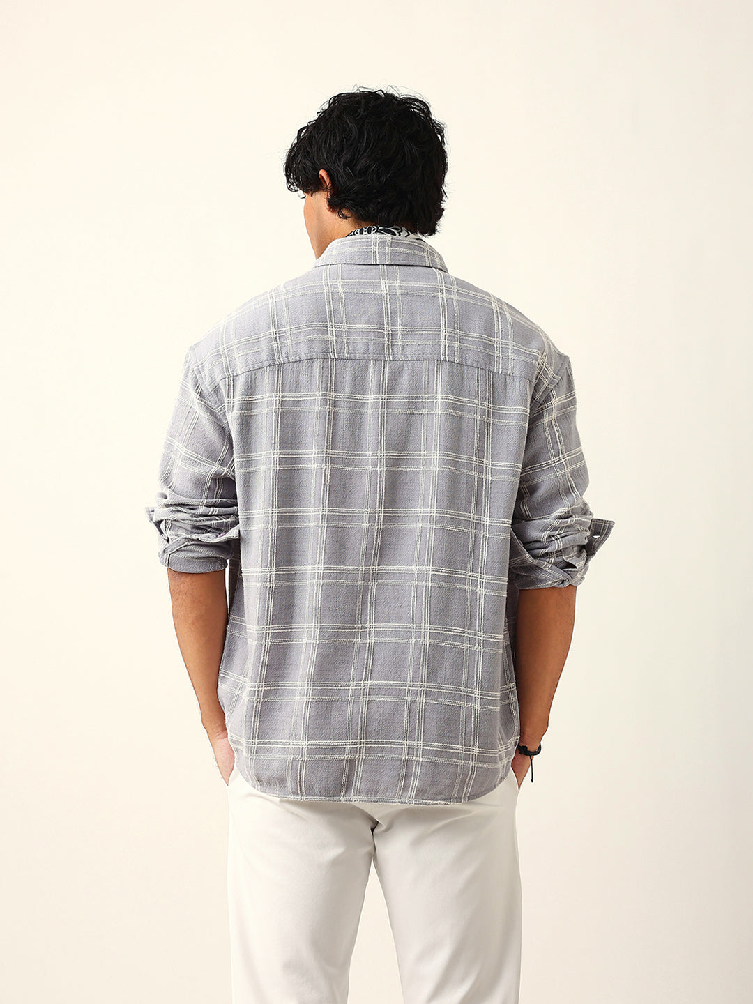 Light Blue Woven Textured Checked Relax Fit Overshirt
