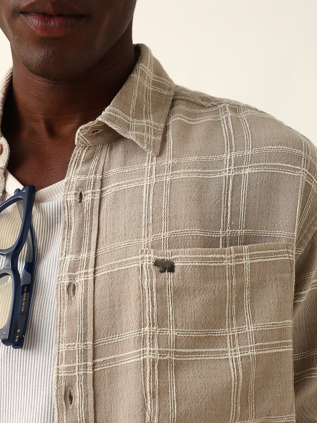 Cream Woven Textured Checked Relax Fit Overshirt