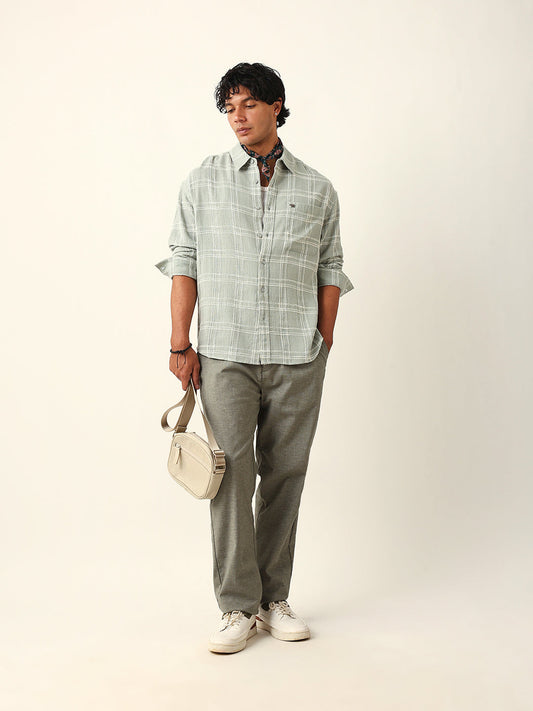 Sage Green Woven Textured Checked Relaxed Fit Overshirt
