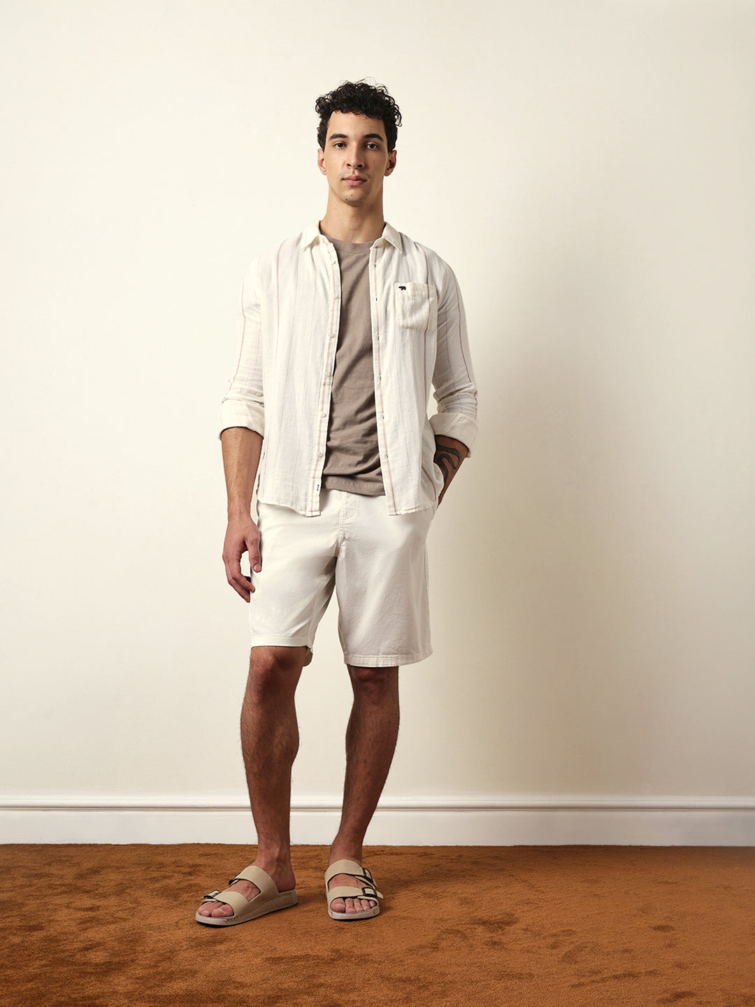 White Vertical Woven Stripe Slim Fit Casual Shirt