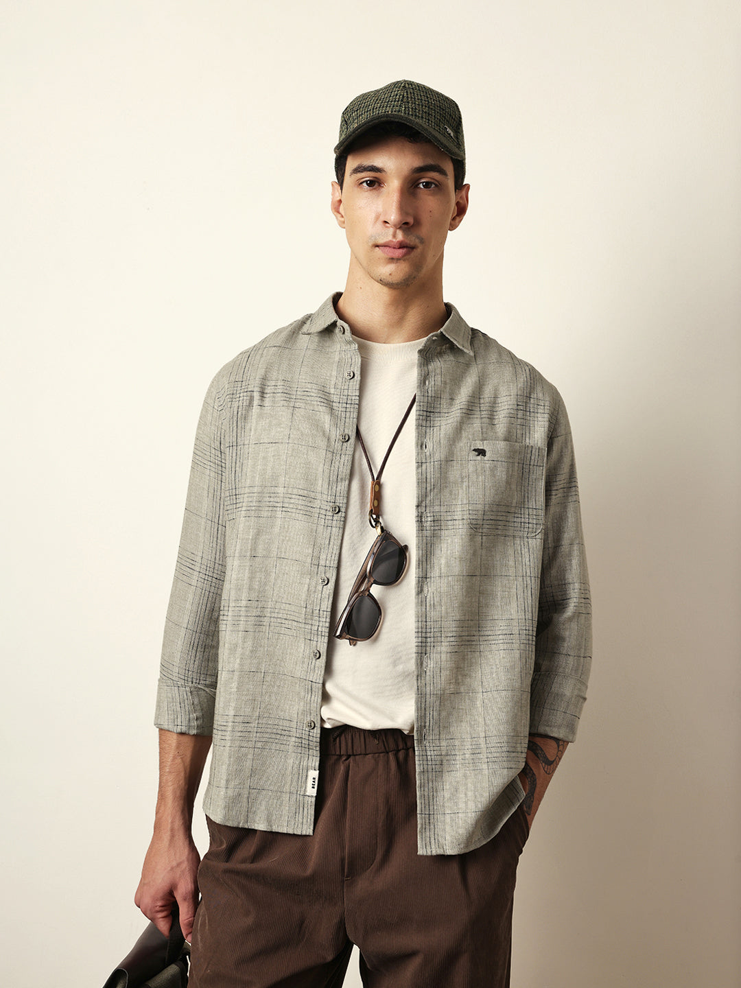 Green Woven Checked Slim Fit Casual Shirt