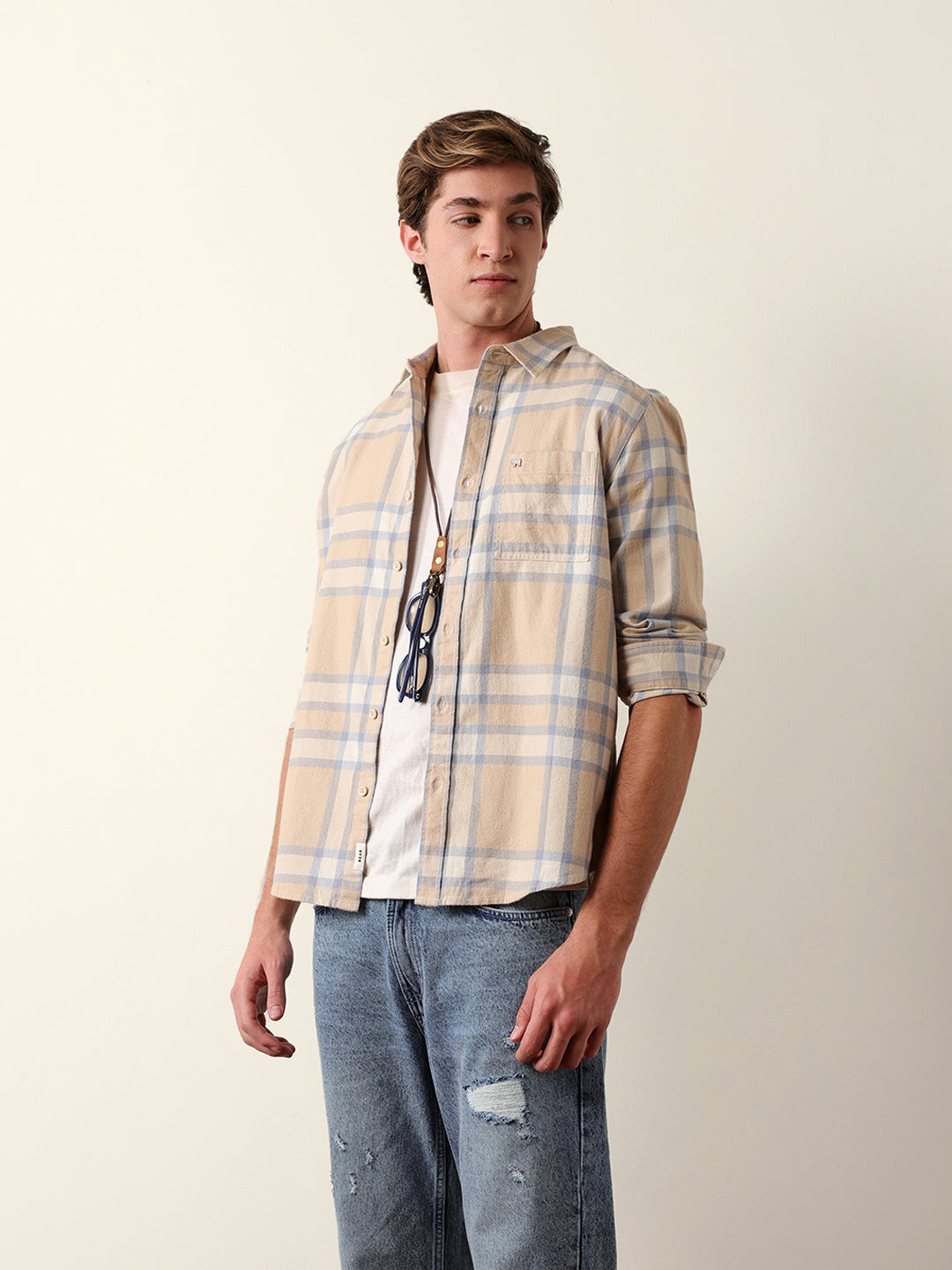 Beige & Blue Regular Fit Checked Flannel Casual Shirt