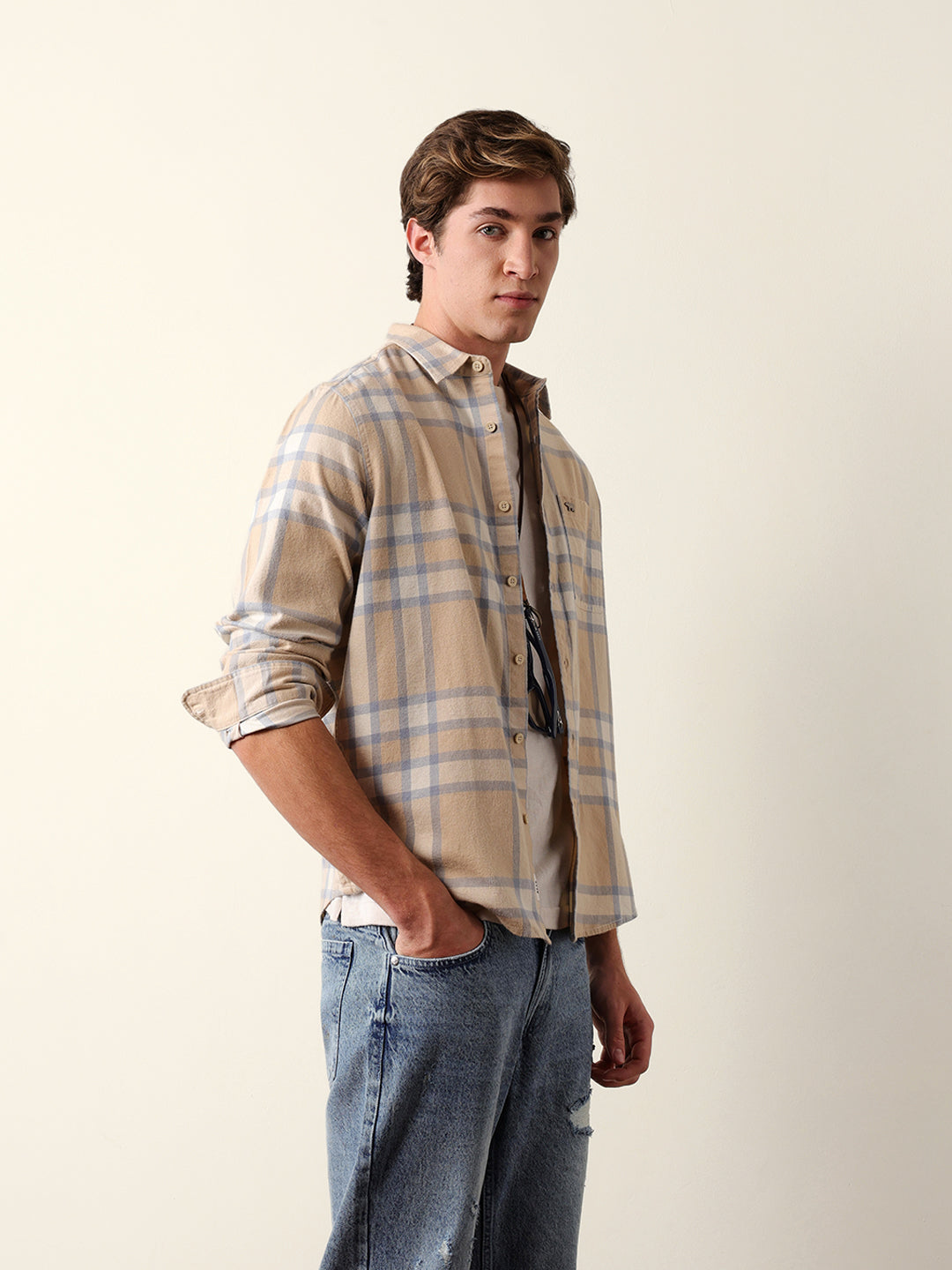 Beige & Blue Regular Fit Checked Flannel Casual Shirt
