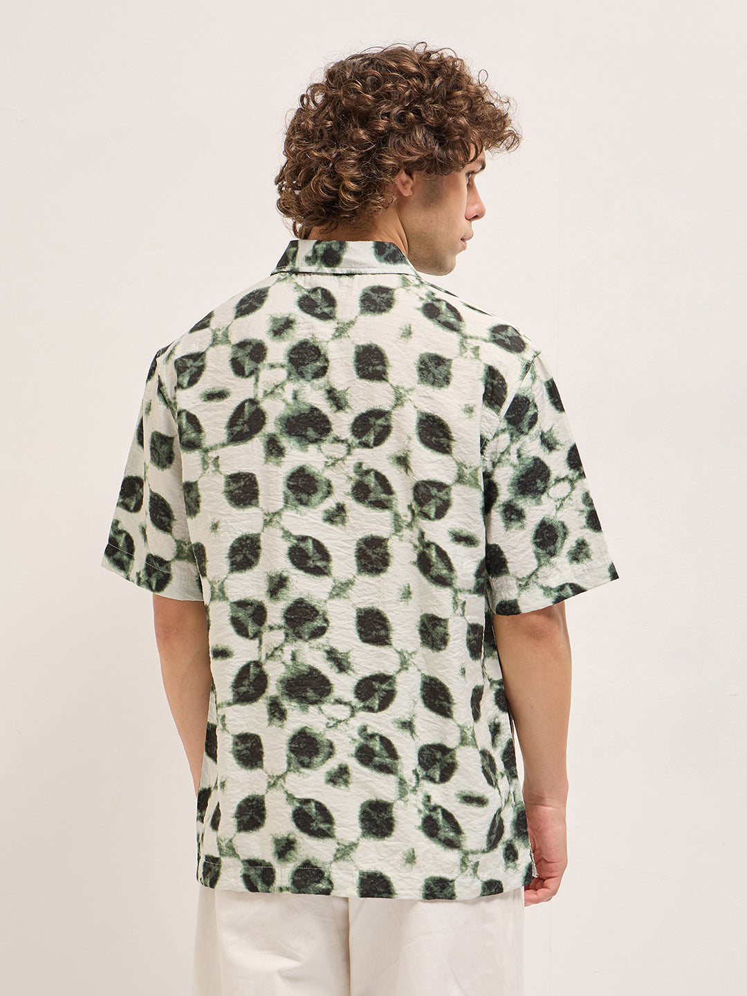 Cream with Dark Green Foliage Print Relax Fit Casual Shirt