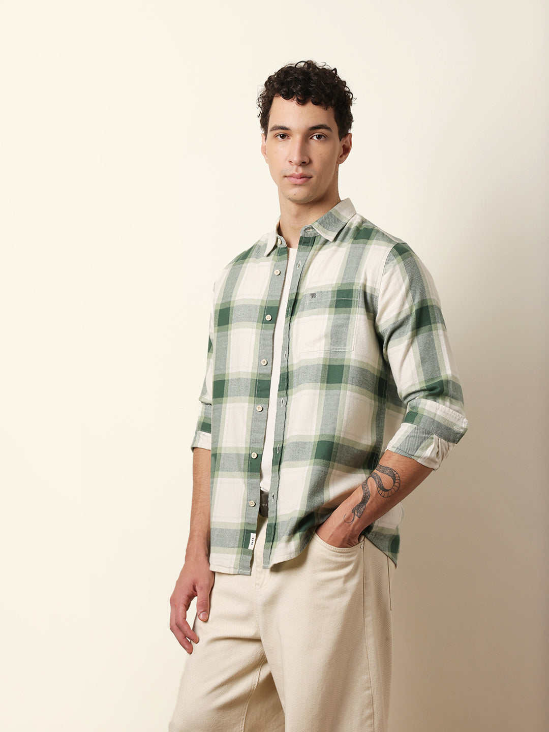 Green & Cream Checked Flannel Regular Fit Casual Shirt