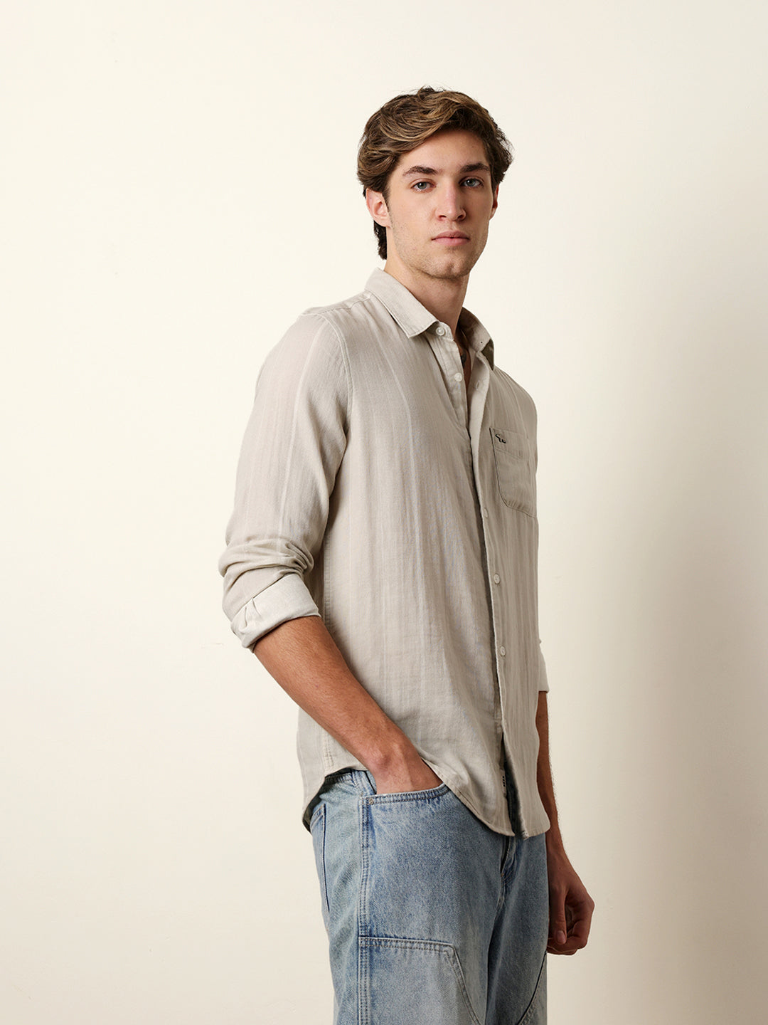Light Green Vertical Woven Stripe Slim Fit Casual Shirt