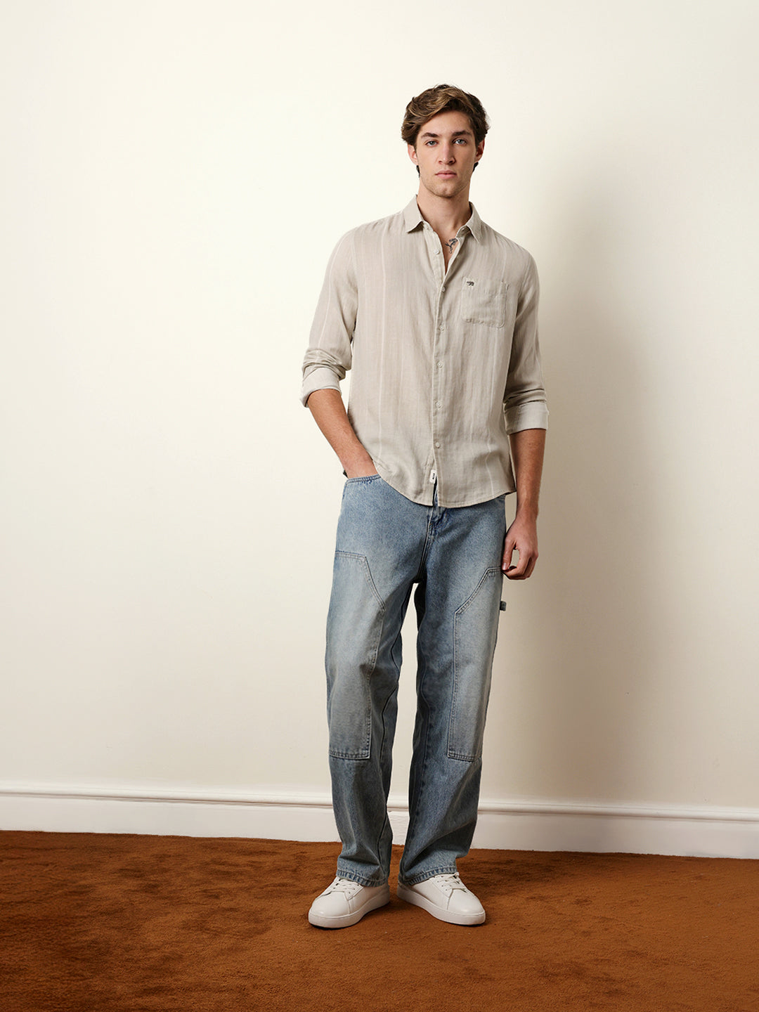 Light Green Vertical Woven Stripe Slim Fit Casual Shirt