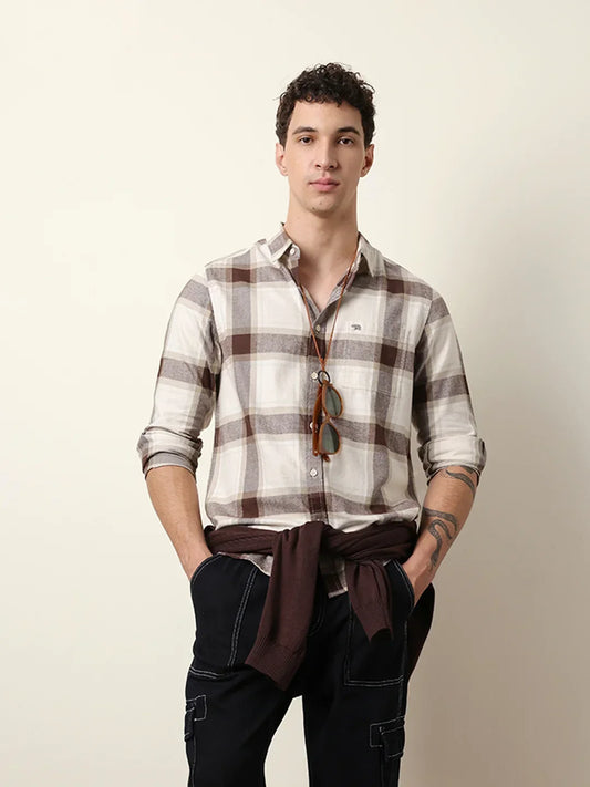Men's Premium Brown & Cream Checked Cotton Casual Shirt
