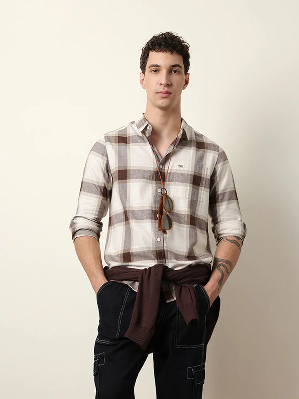 Men's Premium Brown & Cream Checked Cotton Casual Shirt