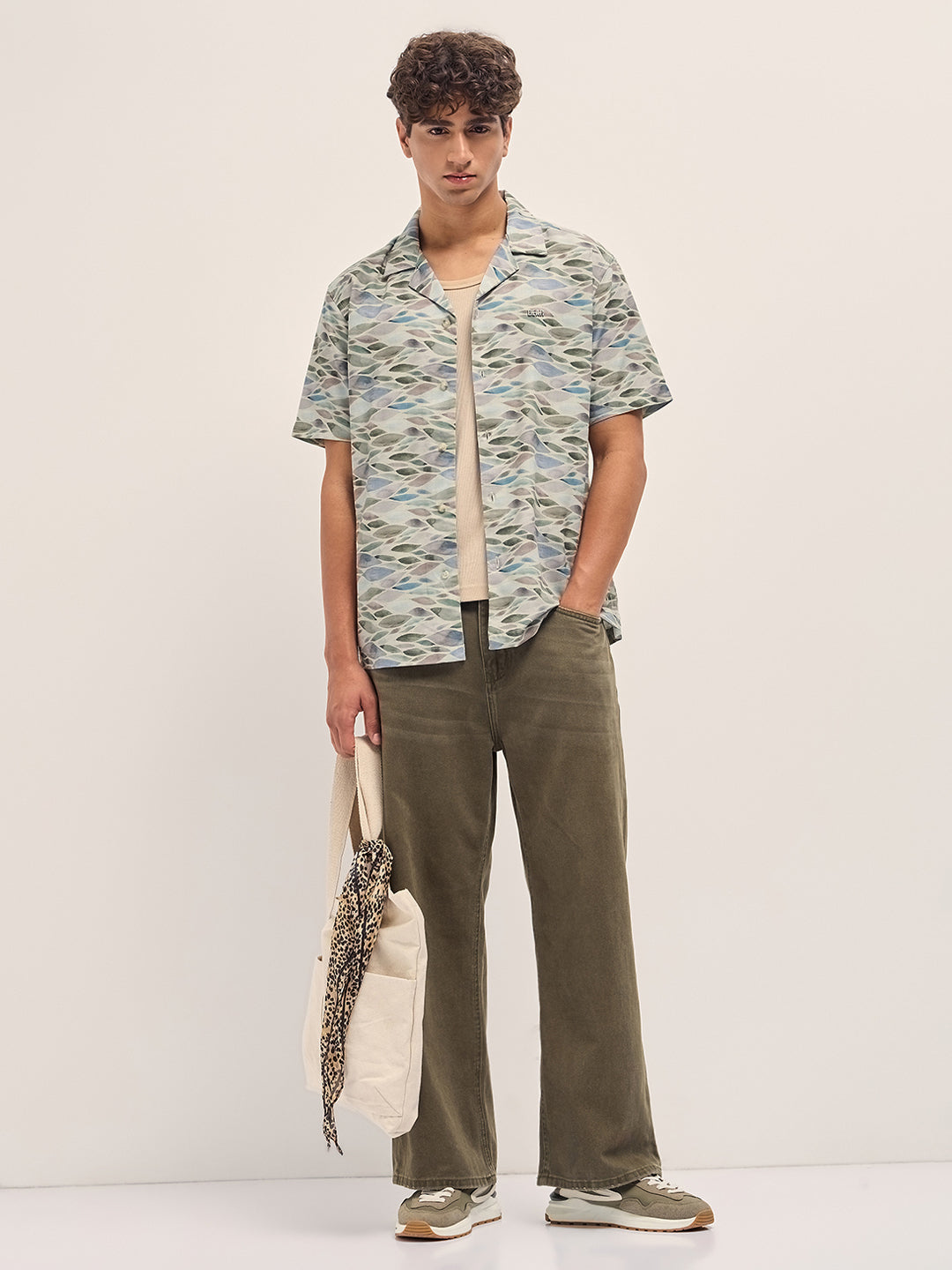 Multicolor Relaxed Fit Cuban Collar Shirt with Leaf Motif Print