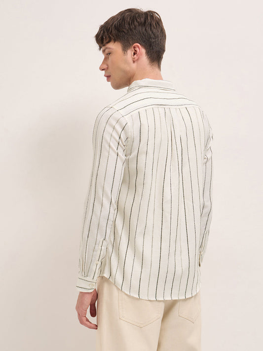 Cream Woven Vertical Stripes Slim Fit Casual Shirt