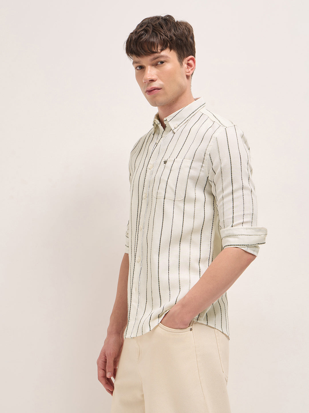 Cream Woven Vertical Stripes Slim Fit Casual Shirt