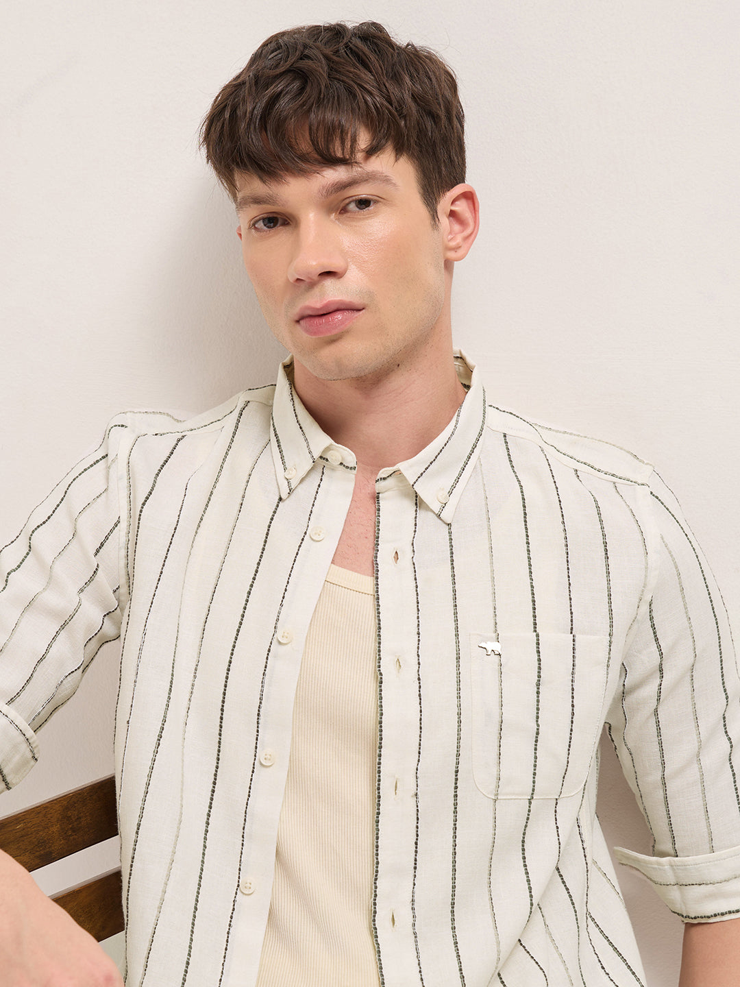 Cream Woven Vertical Stripes Slim Fit Casual Shirt